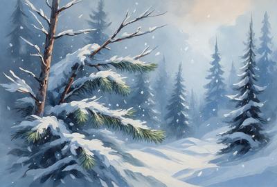The primary subject of the image is a snow-covered pine tree in a forest. The setting is a snowy forest with other trees in the background. The visual style is an illustration or painting, with a focus on the pine tree and its surroundings. The colors and mood are predominantly white and cold, with the snow covering the trees and creating a serene and peaceful atmosphere.